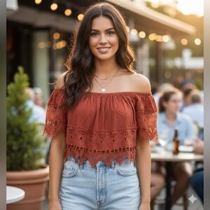Orange Cropped Blouse Blouse Top With Ruffled Sleeves
